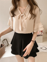 Chiffon shirt 2021 summer Korean fashion foreign style small shirt super fairy short-sleeved bow flared sleeve top for women