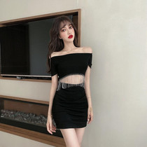 Summer dress new Korean version 2021 sexy one-word collar shoulder shoulder waist slim waist tassel flash chain dress skirt