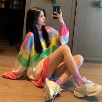 Cute female Joker Rainbow Stripe Mori Slim Sweater Womens Wear Loose Foreign Style Pullover Fashion Temperament Tide