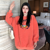 Orange lamb cashmere coat womens round neck ins Tide brand hatless sweater loose Korean version of autumn and winter thick long model