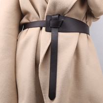 Wide belt ladies Brown decorative leather coat tunic with dress sweater waist stitching Knot Waist closure