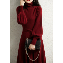 Winter Battle Skirt French Vintage Red High Neck Sweater Skirt Knee-high Bottom Knitted Dress Children Fall Winter