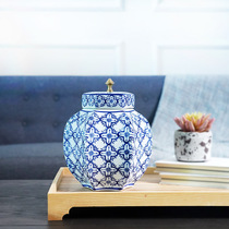 Chinese neoclassical blue and white ceramic large capacity storage tank antique tea jar home decoration ornaments