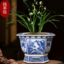 New Chinese retro style Jingdezhen ceramic flower pot orchid flower pot orchid bamboo elegant hand-painted landscape blue and white porcelain