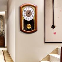 Solid wood Music News time hanging clock Chinese style retro hall decoration rocking clock Living room Classical creativity muted hanging clock