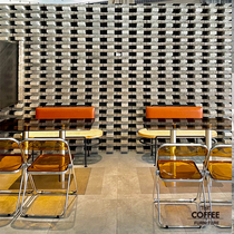 Milk tea shop industrial wind stainless steel table Brown tempered glass round table coffee table transparent folding chair acrylic chair