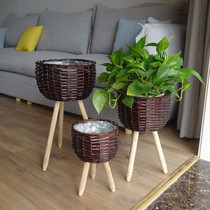 LAND Wicker flower pot creative rattan flower stand pastoral hand-woven straw flower basket green planting living room decoration ornaments