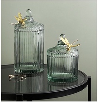 Ins wind transparent glass green butterfly jar jewelry jewelry cotton swab storage box embossed European storage storage