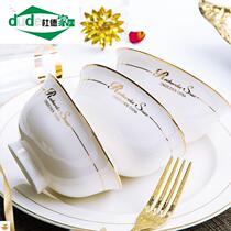 High-legged bowl 6 10 packs of high-end household anti-scalding bowl ceramic tableware eating bowl set Microwave oven suitable