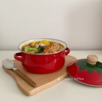 Cutlery) Japanese-style Cute Tomato pattern Thickened enamel oblique pot for Noodles and Porridge Binaural Pot 22cm