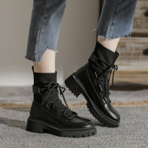 Fashion temperament boots women 2021 Autumn New elastic knitted Martin boots female round head thick heel retro strap tide