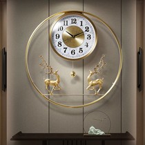 New Chinese-style pure copper elk wall clock Wall creative art clock Chinese style hanging watch atmospheric high-end living room clock