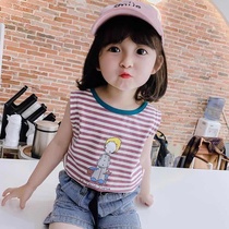 Girls Vest 2021 Summer Childrens Striped Cartoon Top Baby Print Sleeveless T-shirt Loose Korean T-shirt Tide