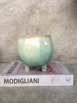 Export Nordic hand-embossed ice cracked meat with feet small ceramic designer green flower planter foreign trade flower pot