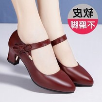 Mother shoes single shoes spring soft leather soft bottom women womens middle heel shallow single shoes Joker professional work womens shoes