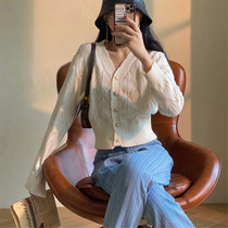 New temperament hollow knit cardigan jacket womens autumn 2021 waist thin twist retro wavy top shirt