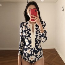 Korean diving suit female holiday Net red sunscreen long sleeve swimsuit female zipper print slim quick-drying surf jellyfish coat