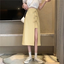Yellow skirt womens summer high waist design sense small irregular split long black skirt