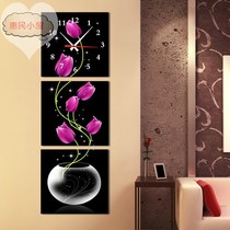 Spring flowers bloom triple painting clock creative art hour hand living room porch decoration painting vertical version frameless painting wall clock