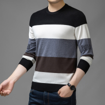 Tide brand colorblock men neck warm knit base shirt 2021 Winter new stripe letter round neck sweater