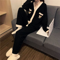 In short V-collar coloured long sleeve pants autumn pajamas Han Edition cute bear home suit suit