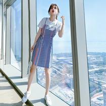 Blue striped dress womens summer 2021 new casual little man high summer womens T-shirt skirt