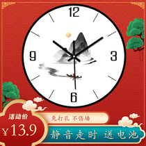 Clock landscape creative Chinese style quartz clock Ink ink Zen simple silent living room wall clock New Chinese home watch
