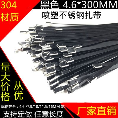 Stainless steel cable tie 304 material 4 6*300 plastic spray black buckle marine metal self-locking fixing belt direct sales