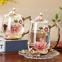 Creative enamel color water cup kettle set household high-end glass girl heart cup with spoon with lid teacup large