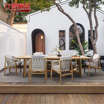 Outdoor Table And Chairs Villas Patio Waterproof Sunscreen Teak Dining Table And Chairs Combined Open-air Balcony Solid Wood Long Table Rattan Chair