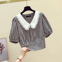 2021 new trendy brand retro waist plaid short-sleeved shirt goddess summer design sense doll collar bubble shirt