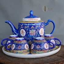 Jingdezhen Cultural Revolution porcelain old factory goods ceramic pastel hand-painted Wanshou Wujiang 6-head tea set glaze collection
