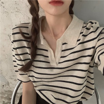 2021 new Korean style chic loose V-neck college style striped knitted top womens summer design sense niche short-sleeved