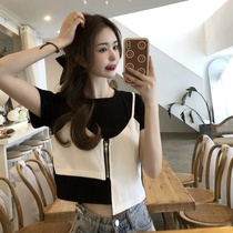 Korean sweet cool wind short top summer womens large size 2021 holiday two-piece stitching design sense short-sleeved T-shirt