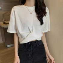 Yuan girl feeling white short shirt Super Fire ins summer Korean irregular knotted short sleeve t-shirt women tide