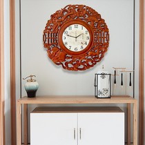 New Chinese solid wood carving Chinese style silent clock quartz decoration living room bedroom round hanging clock