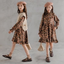  Trend Bala girls retro floral long-sleeved dress autumn 2021 mid-size childrens Western style pleated princess skirt