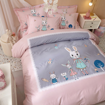 Cute cartoon white rabbit horse cotton four-piece high-grade children's bed cotton soft breathable cotton bedding kit