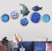 Blue Mediterranean style ceramic hanging plate set Decorative plate wall Restaurant entrance balcony soft background wall