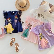 Childrens clothing female cotton short sleeve bubble sleeve girl cartoon printing three-dimensional mesh T-shirt dress girl princess dress