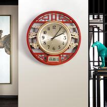 Living room hanging bell New Chinese solid wood clock Home China Wind atmosphere Wanyear calendar quartz clock creative clock hanging wall