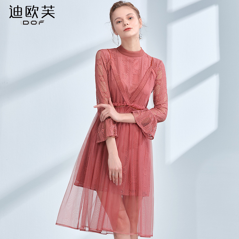 2018新款女装春装气质七分袖网纱蕾丝连衣裙子夏小个子高腰打底裙