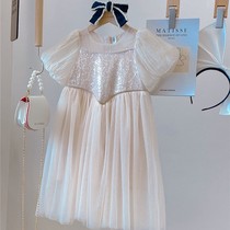Childrens clothing 2021 summer new girl dress French bubble sleeve sparkling diamond waist Fashion Net red princess dress