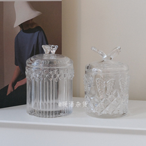 ins vintage embossed glass jar with lid storage jar tabletop storage jar jewelry box cotton swab jar flower sugar jar
