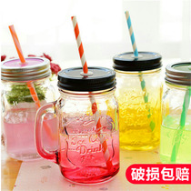 Creative gradient color Mason cup with lid Transparent Rooster cup Summer juice cold drink straw Glass water cup