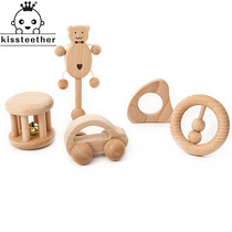 Baby hand grip rocking bell and wave drum small car solid tooth machine wood string bead DIY pacifying wooden grindle suit