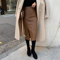Pumpkin Valley leather skirt fashion high waist vintage, elegant and fit temperament, open and versatile mid length skirt q264