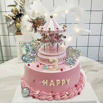 Korean creative carousel music box cute dream pink girl heart princess birthday cake decoration decoration