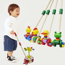 Baby toddler wooden trolley cartoon animal push and pull music infant children push and pull toy car over 1 year old