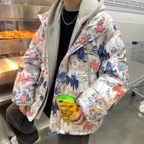 Fake two pieces of cotton clothes mens winter coat hiphop trend printing thick cotton clothes Street wind Joker handsome cotton jacket